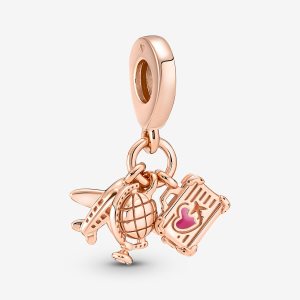Pandora Airplane Globe & Suitcase Triple Visieť Ruzove Zlate | 901DTECPA