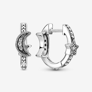 Pandora Crescent Moon & Stars Beaded Obruč Strieborne | 867VQJWIZ