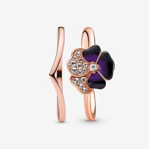 Pandora Deep Purple Pansy Flower Wishbone Súpravy Prsteňov Viacfarebný | 631JQWTZA