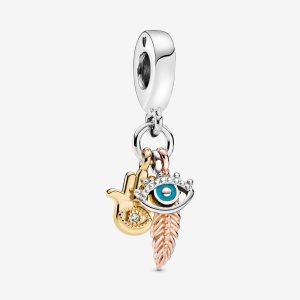 Pandora Hamsa All-seeing Eye & Feather Spirituality Visieť Tri-tone | 347AGCOQV