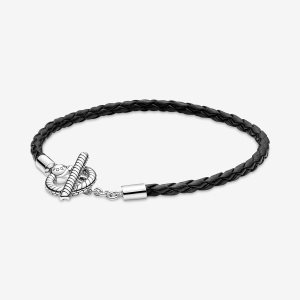 Pandora Moments Braided T-bar Leather Strieborne | 960WJHQYL