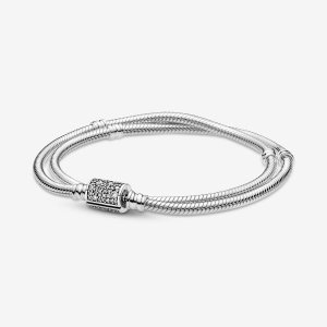 Pandora Moments Double Wrap Barrel Clasp Snake Reťaz Strieborne | 579CRTGEO