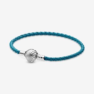 Pandora Moments Seashell Clasp Turquoise Braided Leather Strieborne | 658AEKTXM