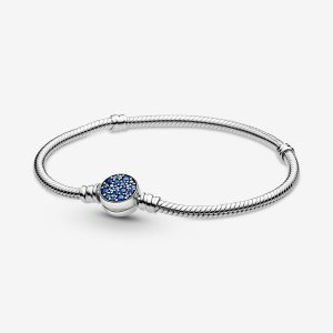 Pandora Moments Sparkling Blue Disc Clasp Snake Reťaz Strieborne | 415ZGNKWO