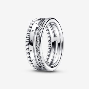 Pandora Signature Logo Pave & Beads Kapela Strieborne | 609EVZLMN