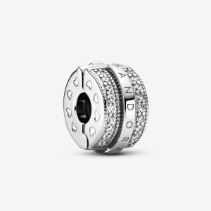Pandora Sparkling Pave Lines & Logo Clip Klipy Strieborne | 054ZIMGFY