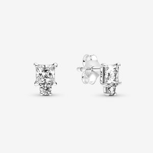 Pandora Sparkling Round & Square Stud Strieborne | 513UIMFQB