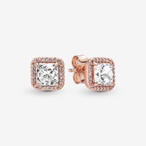 Pandora Square Sparkle Stud Ruzove Zlate | 281ZKYQTL